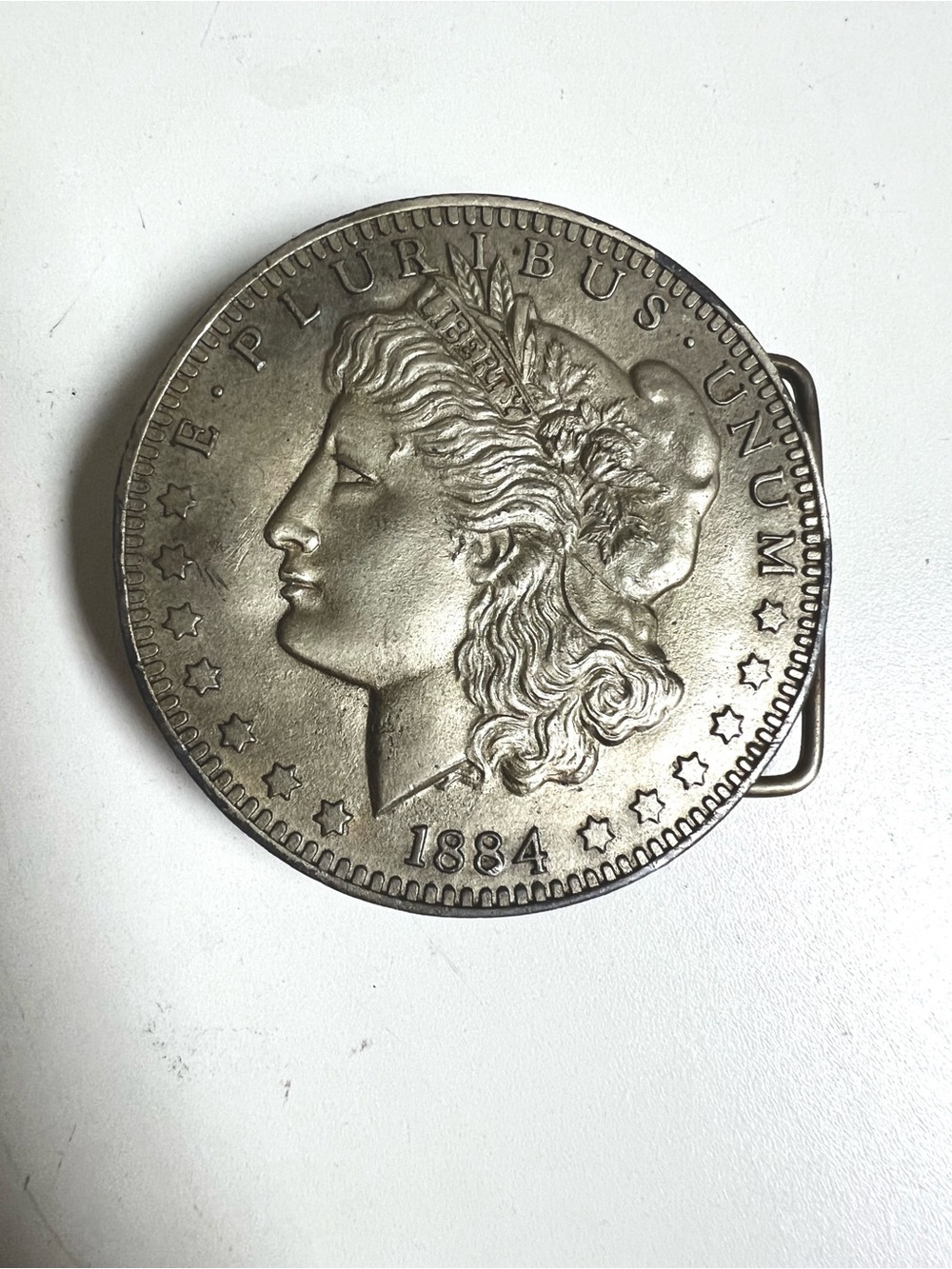 Vintage silver-tone metal belt buckle resembled 1884 Morgan Liberty Dollar coin